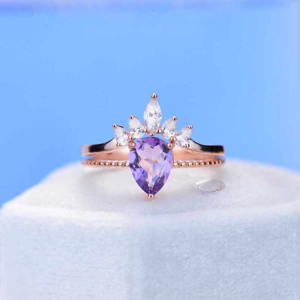PEAR CUT GENUINE AMETHYST RING- TWO RING SET